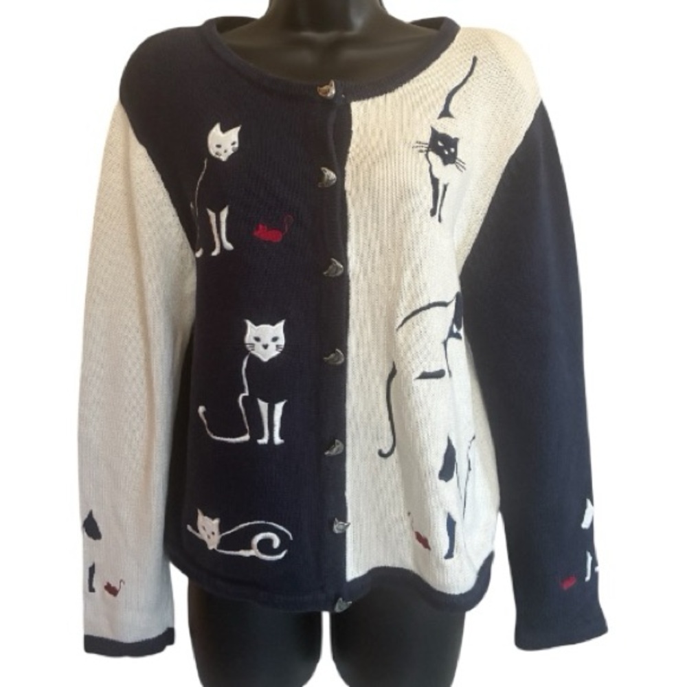VTG Grannycore Colorblock Novelty 2000s Teacher Navy White Cat Sweater Sz L